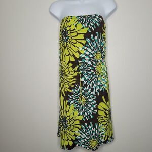 Vintage y2k green brown flower print strapless mini dress beachy party size L